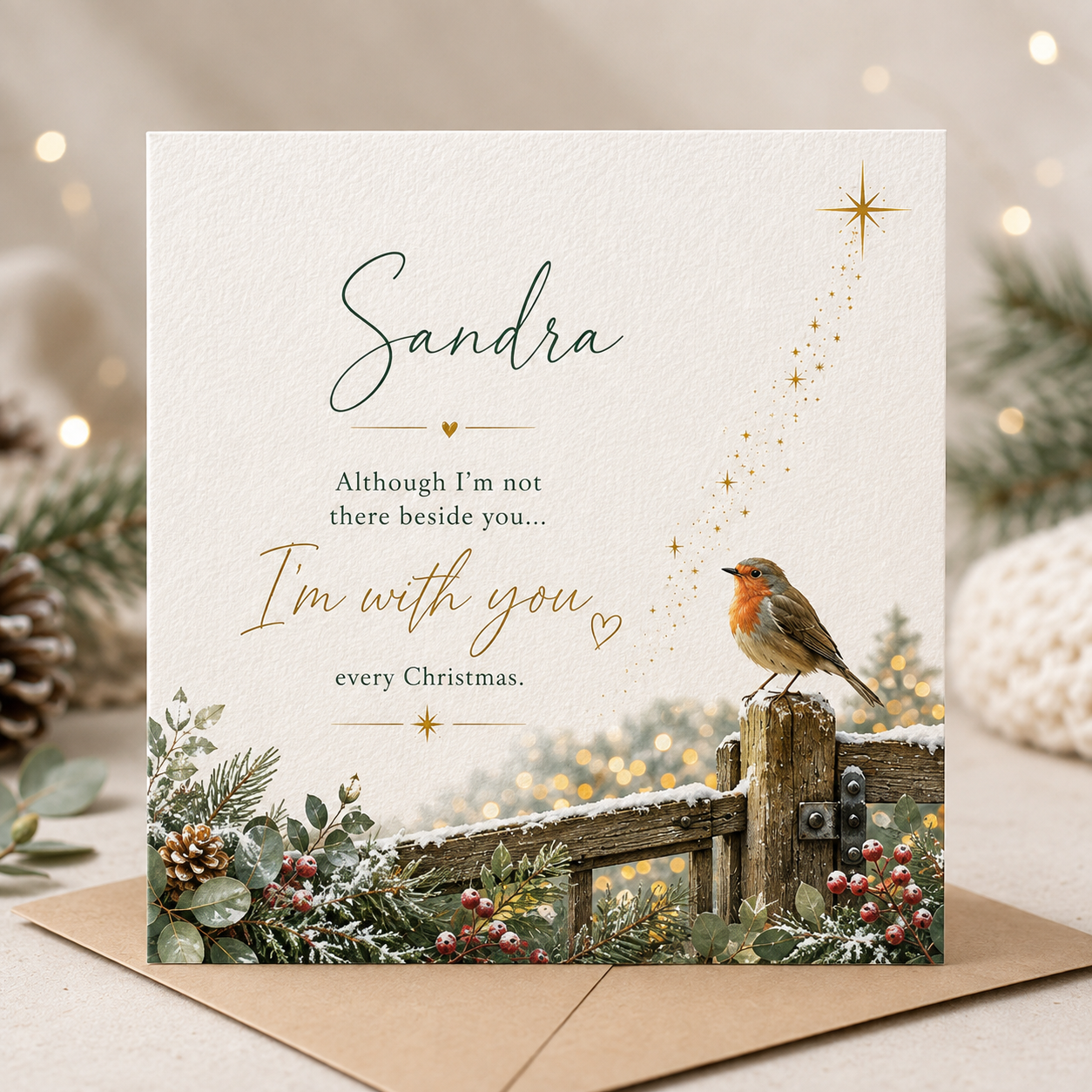 Personalised memorial Christmas card featuring a robin perched on a snow-covered wooden gate beneath a golden star, with festive greenery and the message “Although I’m not there beside you… I’m with you every Christmas.”