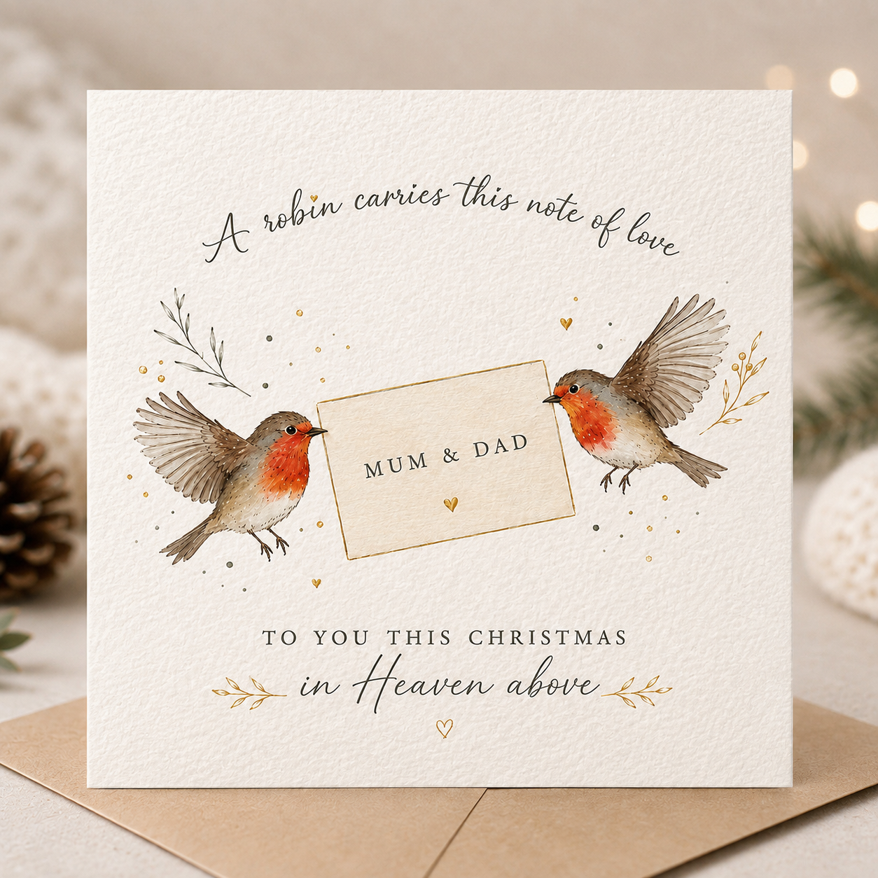 Personalised Christmas memorial card featuring two robins carrying a letter with custom names, with the message "A robin carries this note of love... To you this Christmas in Heaven above."