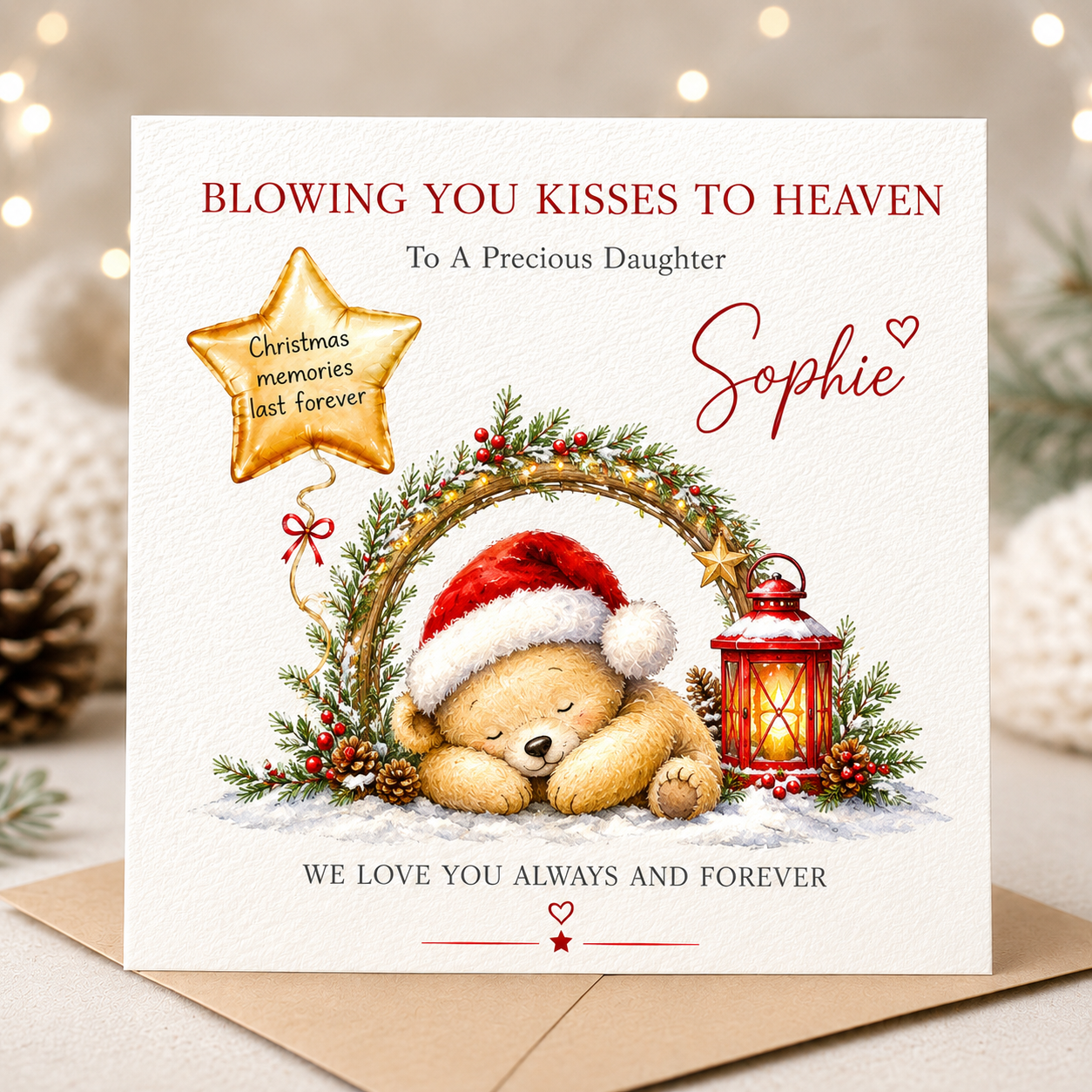 Personalised Christmas memorial card featuring a Santa penguin blowing kisses to heaven, a Christmas wishes star balloon, festive gifts and the message “We Love You Always and Forever”, printed on luxury hammered card.