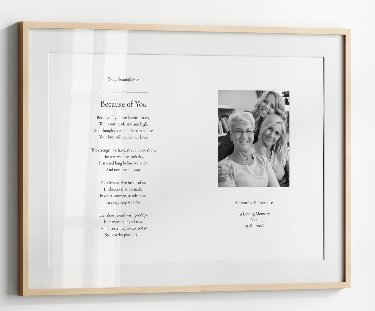 Personalised memorial framed print featuring a heartfelt poem and cherished family photo in a light oak frame, designed as a timeless remembrance keepsake for a loved one.