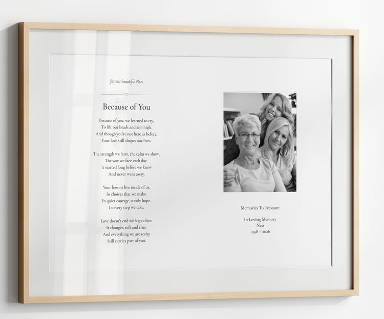 Personalised memorial framed print featuring a heartfelt poem and cherished family photo in a light oak frame, designed as a timeless remembrance keepsake for a loved one.