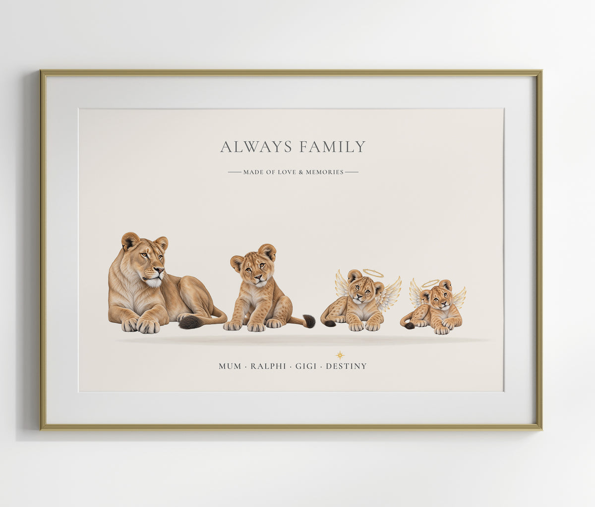 A framed personalized lion cub family art print on a light beige background, featuring an adult lion and three cub illustrations with the text 'ALWAYS FAMILY' and custom names at the bottom. The print is housed in a white mat and a thin gold frame, shown hanging on a white wall.