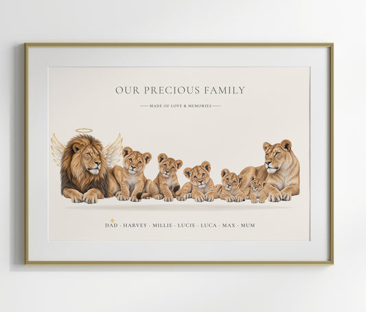 A framed personalized family art print featuring an illustration of a lion and six lion cubs with angel wings, on a cream background with the text 'OUR PRECIOUS FAMILY' and names at the bottom. The print is housed in a white mat and a thin gold frame, shown hanging on a white wall.