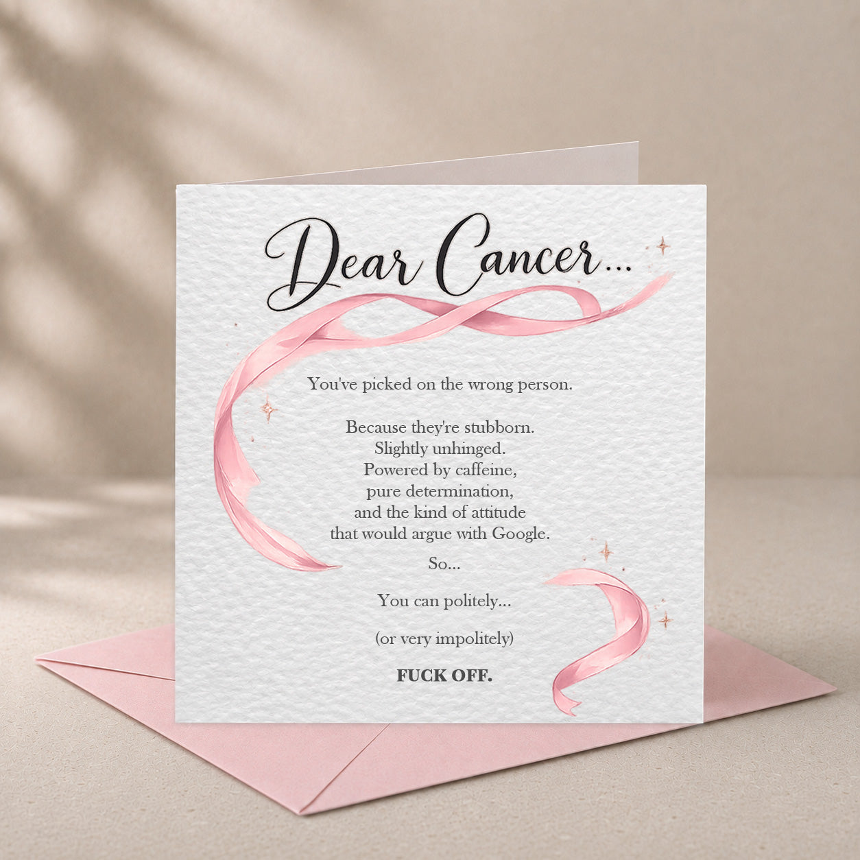 A square greeting card with a pink watercolor ribbon design and the text 'Dear Cancer.