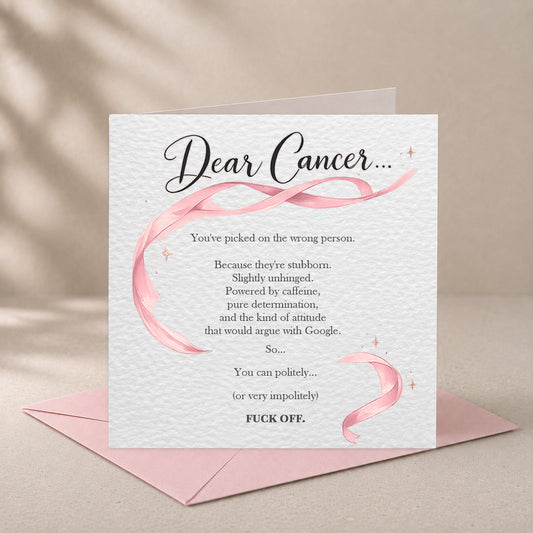 A square greeting card with a pink watercolor ribbon design and the text 'Dear Cancer.