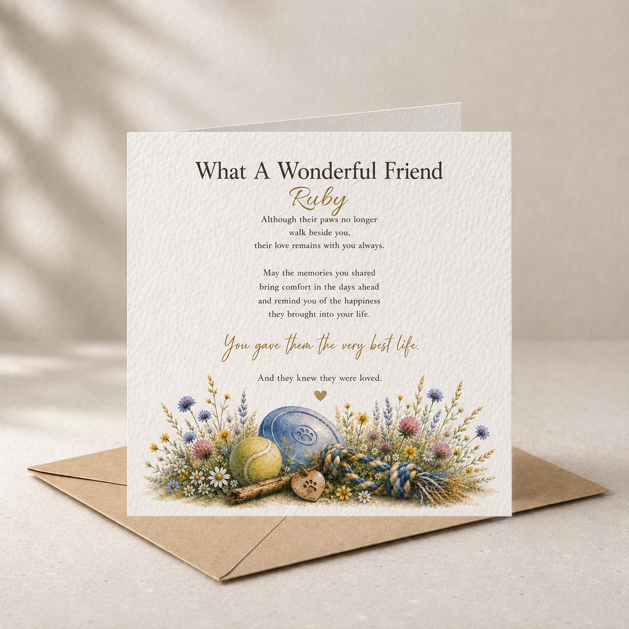 A square white memorial card with a printed poem titled 'What A Wonderful Friend Ruby' and illustrated flowers, an egg, and a blue urn at the bottom, displayed on top of a brown envelope against a warm beige background.