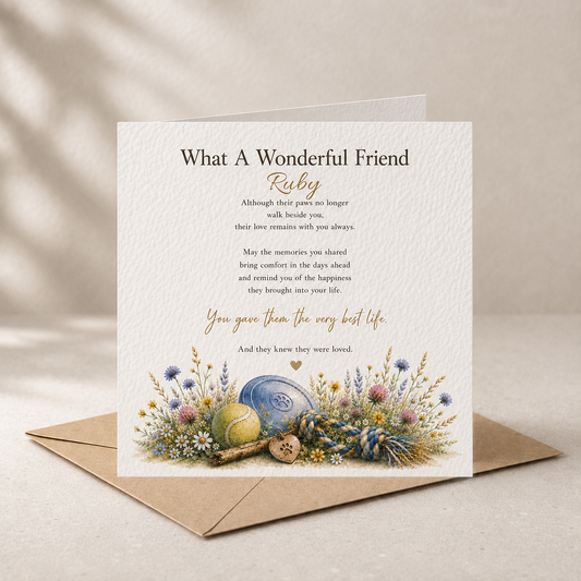 A square white memorial card with a printed poem titled 'What A Wonderful Friend Ruby' and illustrated flowers, an egg, and a blue urn at the bottom, displayed on top of a brown envelope against a warm beige background.