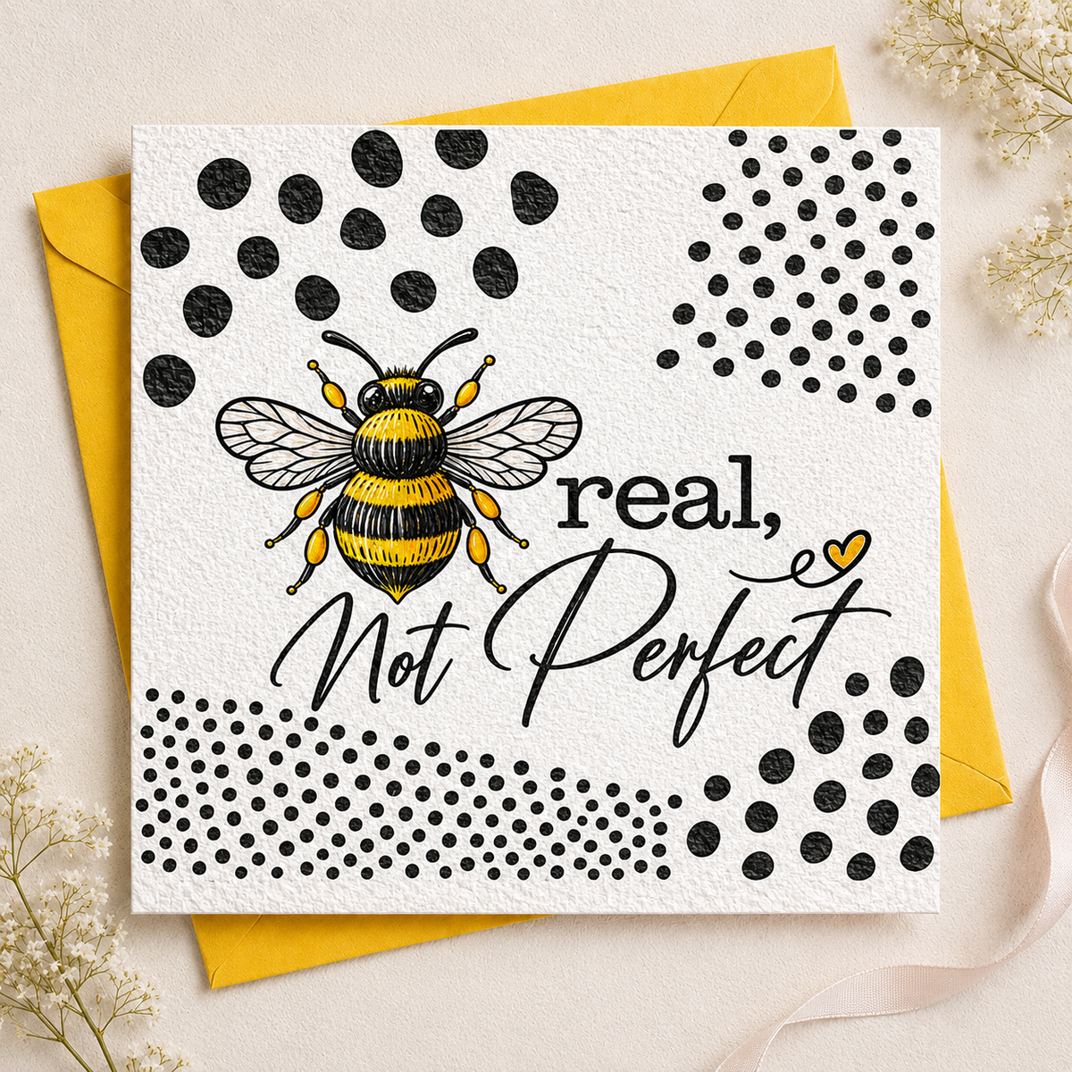 A square greeting card with a white textured background, featuring a yellow and black bumblebee illustration, black polka dot patterns, and the phrase 'real, Not Perfect.' in black script and print.