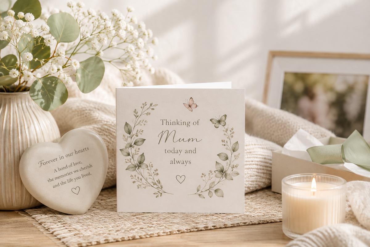 A square cream greeting card with a floral wreath illustration and the words 'Thinking of Mum today and always' stands on a woven mat beside a lit candle, a heart-shaped keepsake, flowers in a vase, and soft neutral textiles in a warm styled setting.