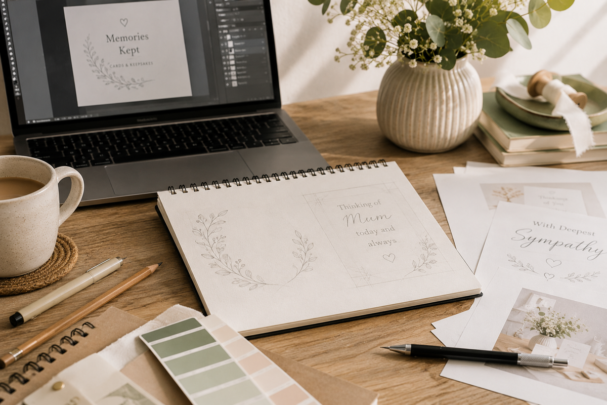 A styled desk scene with a spiral-bound cream journal centered on a wooden table, surrounded by a laptop, coffee mug, flowers in a vase, stationery, and printed cards. The journal cover shows a delicate leaf illustration and the words 'Thankful Mom today with you & love.