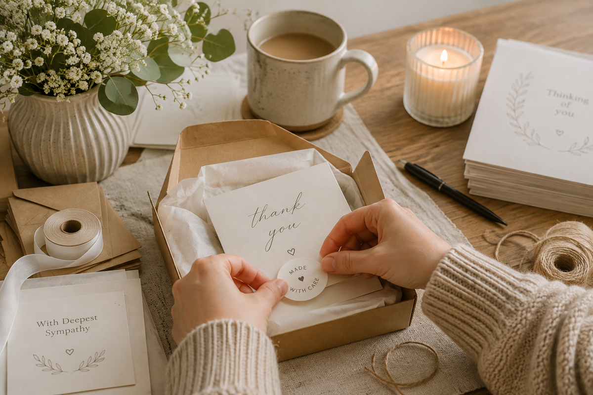 A person's hands are shown placing a round white sticker with 'thank you' and hearts into a kraft paper box with tissue paper, surrounded by stationery items like greeting cards, a mug, a candle, and twine on a wooden table.