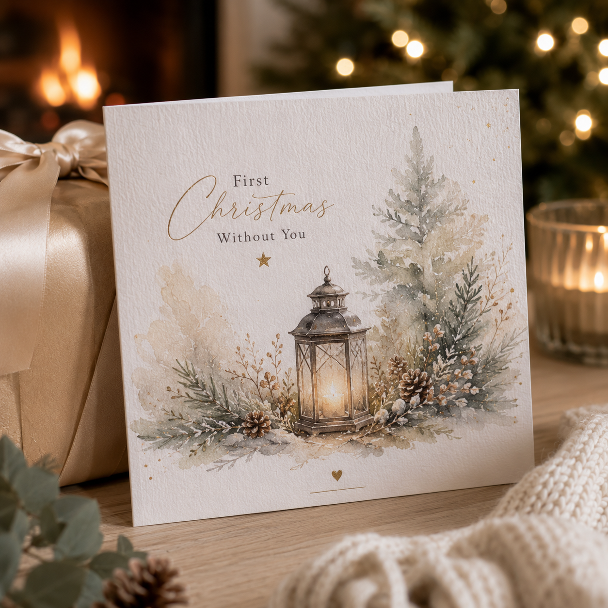 A square Christmas greeting card with a watercolor illustration of a lantern, evergreen tree, and foliage, reading 'First Christmas Without You,' styled on a wooden surface with a wrapped gift, candle, and blurred holiday lights in the background.