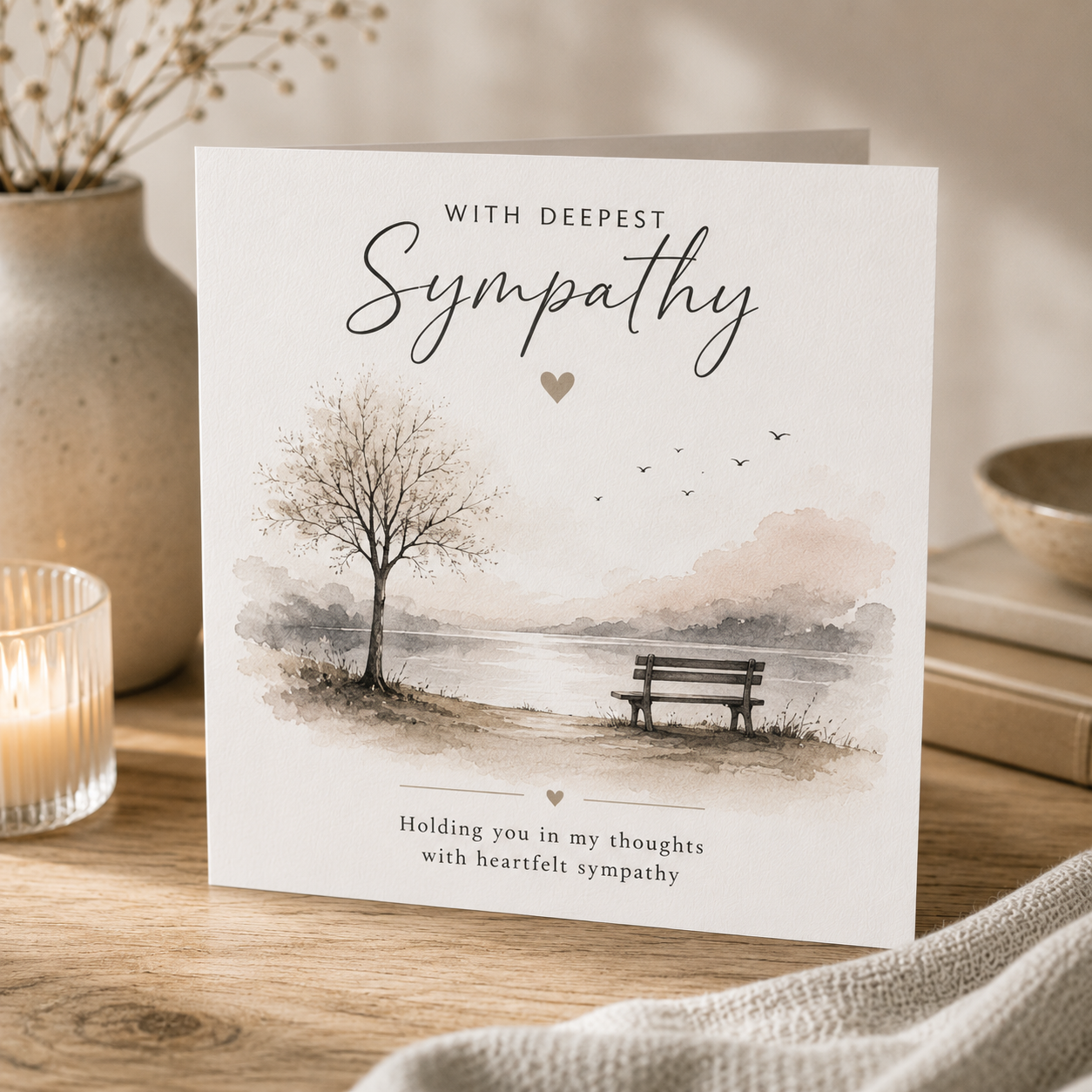 A sympathy greeting card standing on a wooden surface, printed with a watercolor scene of a bare tree, bench, birds, and a lake. The card reads 'WITH DEEPEST Sympathy' and 'Holding you in my thoughts with heartfelt sympathy.