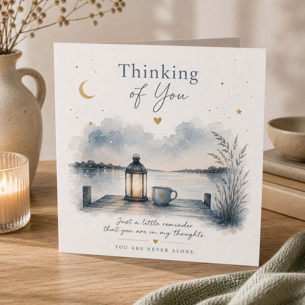 a sympathy card with a  lantern and cup of tea. sitting beside a lake