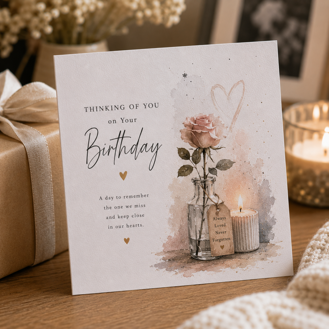 A square birthday card with a watercolor-style design featuring a pink rose in a glass bottle, a lit candle, and gold hearts, displayed on a wooden surface with a wrapped gift and warm candles in the background.
