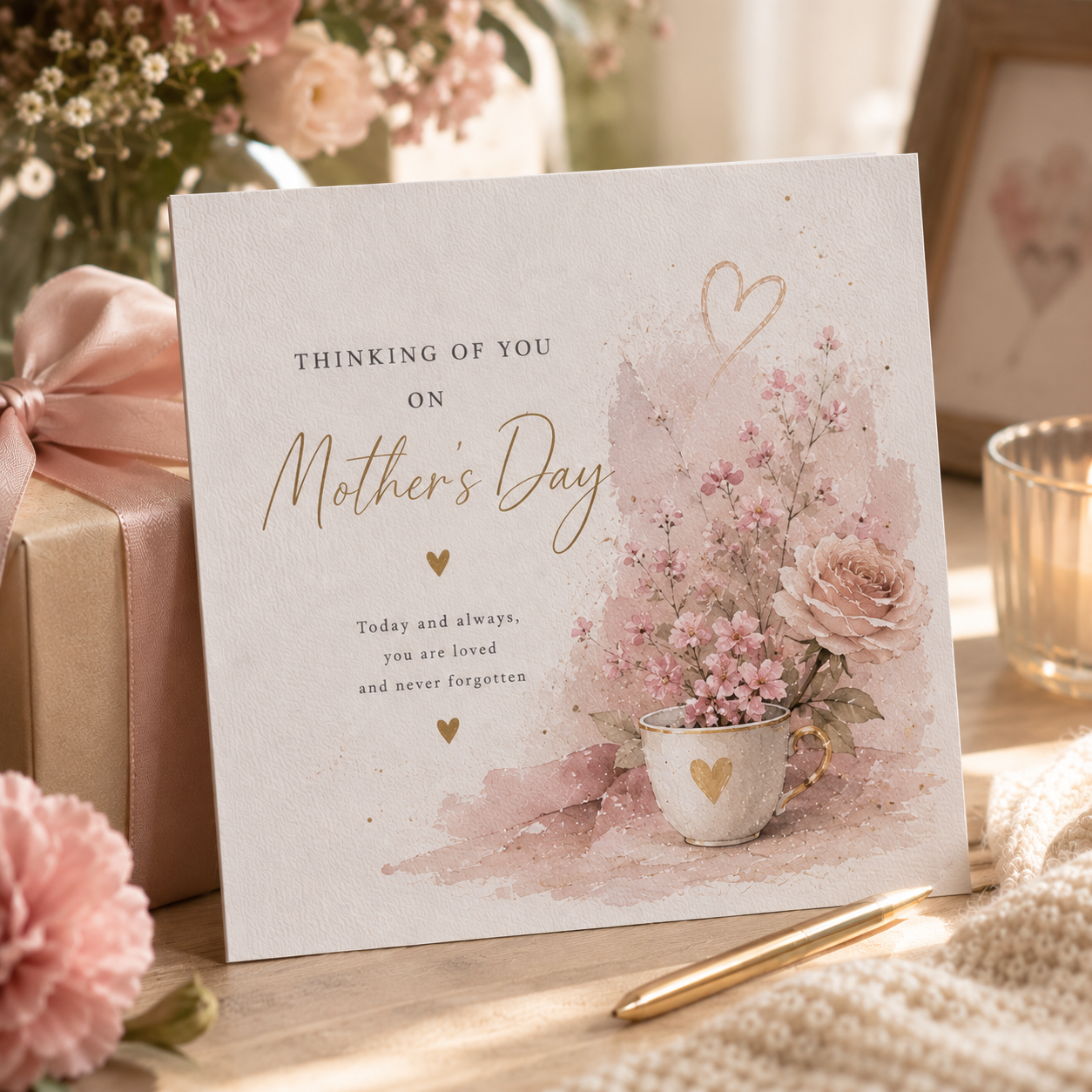 A Mother's Day greeting card displayed on a wooden surface, surrounded by a pink gift box with a ribbon, flowers, a candle, and a gold pen. The card features elegant gold text reading 'THINKING OF YOU ON Mother's Day' and a watercolor illustration of pink roses and flowers in a teacup with gold hearts.