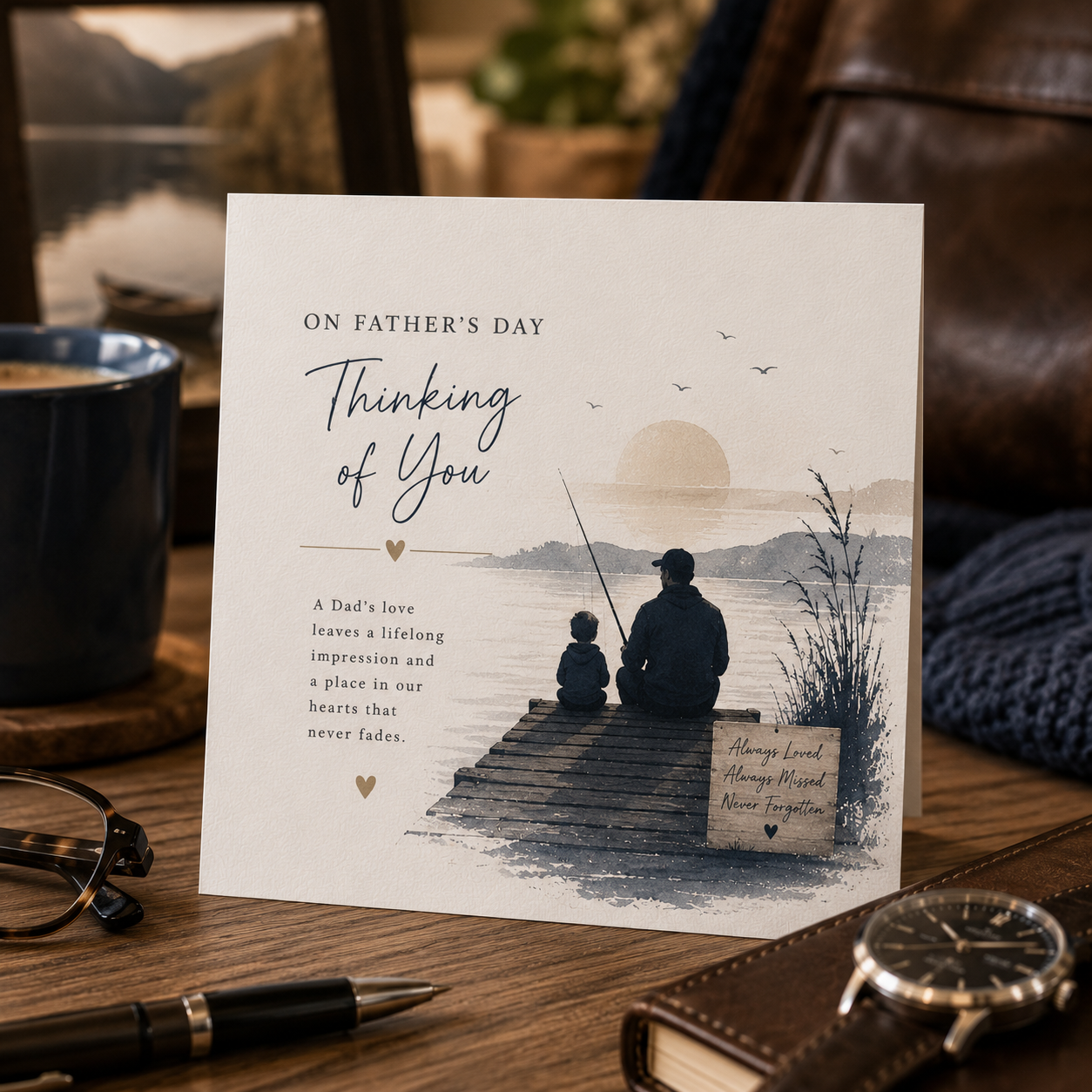 A square Father's Day greeting card standing on a wooden table, printed with the words 'ON FATHER'S DAY Thinking of You' and a scenic illustration of an adult and child sitting on a dock by the water at sunset. The card is styled in a warm home setting with a watch, glasses, and a leather jacket in the background.