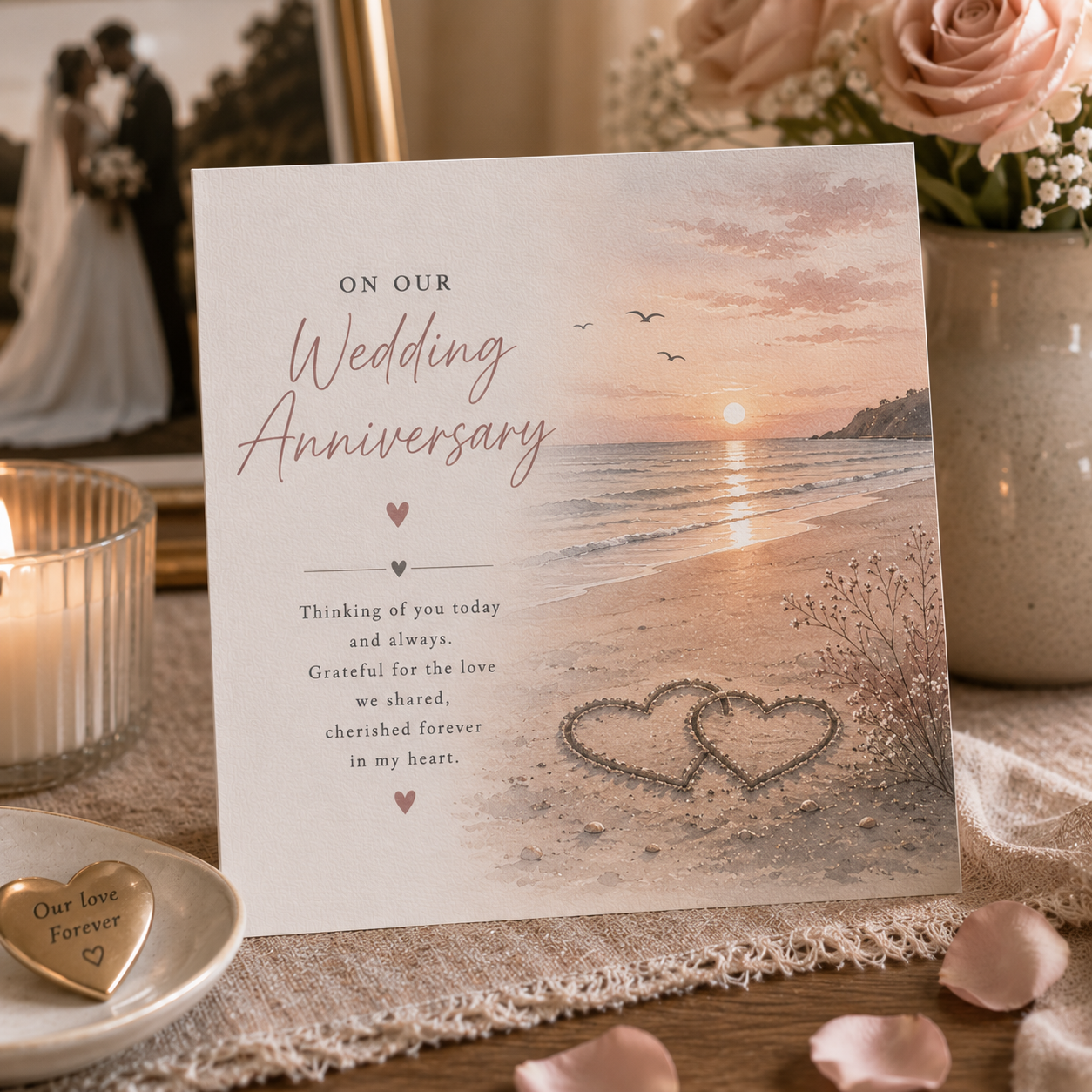 A square wedding anniversary greeting card displayed on a tabletop with a beach sunset print, decorative script text, and two heart designs. The card is styled with a lit candle, rose petals, and flowers in the background.