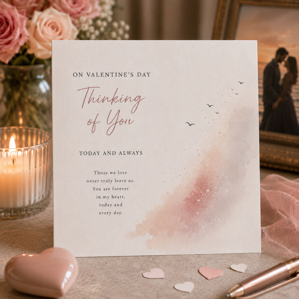 A square Valentine's Day greeting card with elegant typography and a soft pink watercolor wash, styled on a tabletop with a lit candle, pink roses, scattered heart-shaped pieces, and a blurred framed photo in the background.