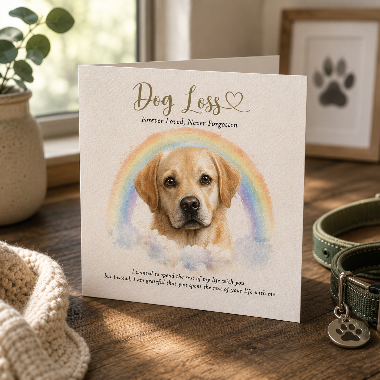 A square dog memorial card with a watercolor illustration of a golden retriever dog in front of a rainbow, placed on a wooden table next to a green dog collar and a knitted blanket. The card reads 'Dog Loss Forever Loved, Never Forgotten'.