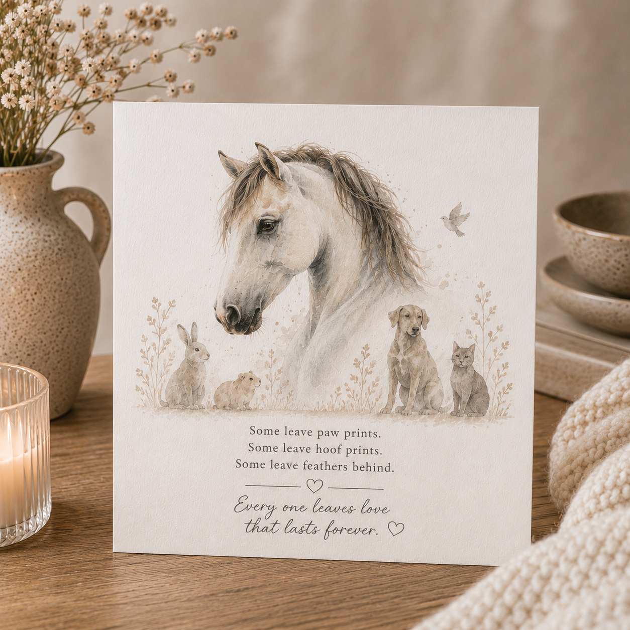A square greeting card featuring a watercolor illustration of a white horse, a rabbit, a puppy, and a kitten with leaves and text, displayed on a wooden table with a candle, dried flowers, and knitted fabric in the background.
