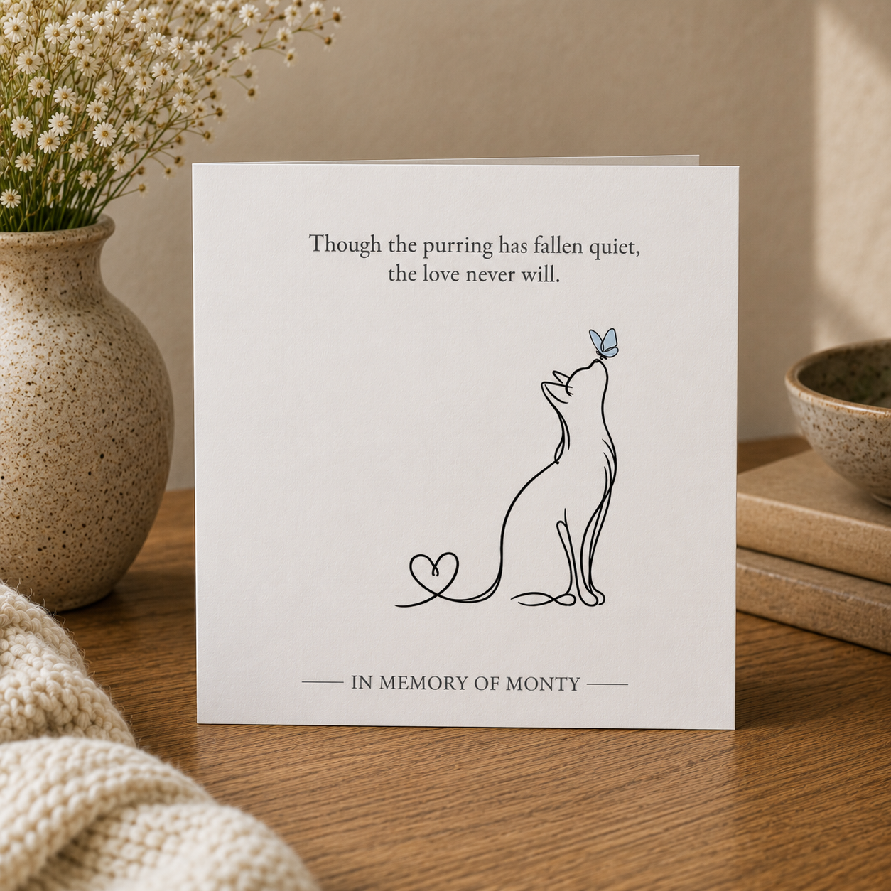 A square white memorial card standing on a wooden surface, printed with the words 'Though the purring has fallen quiet, the love never will.' and 'IN MEMORY OF MONTY' with a simple line drawing of a cat.