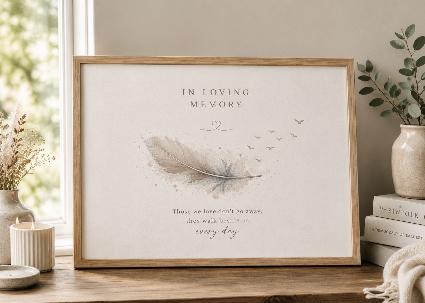 A framed memorial art print with a feather illustration and the words 'In Loving Memory' and 'They walk beside us every day,' displayed on a wooden surface in a softly styled room with candles, books, and greenery.