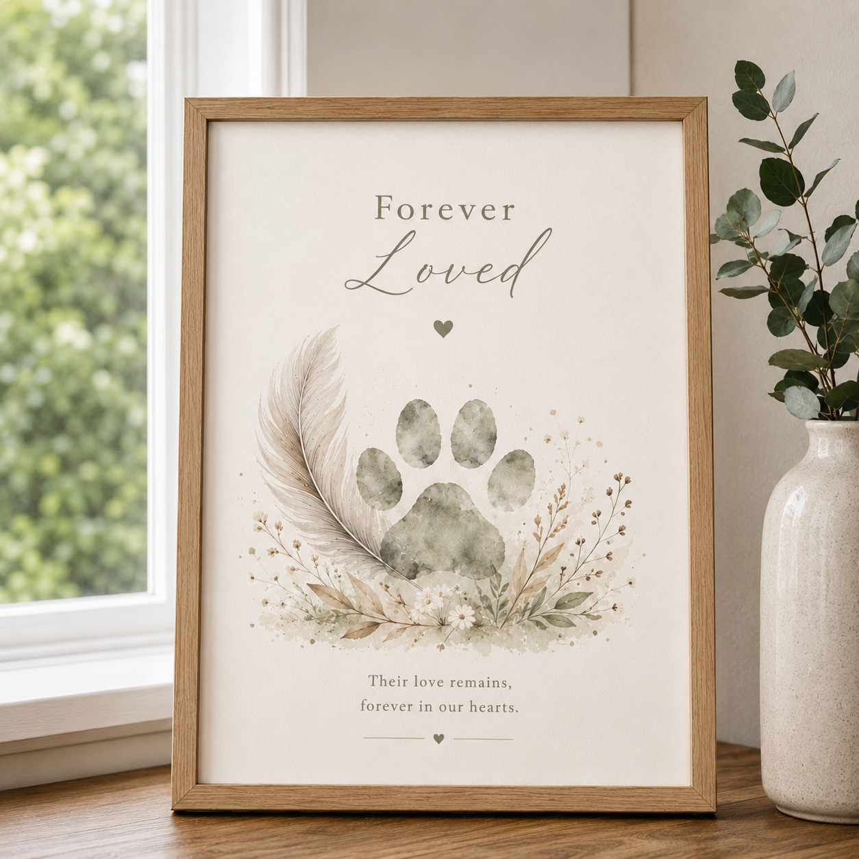 A framed pet memorial print with the words 'Forever Loved' and 'Their love remains, forever in our hearts,' featuring a watercolor-style paw print, feather, and floral arrangement. The print is displayed in a light wood frame on a tabletop beside a window and a vase with greenery.