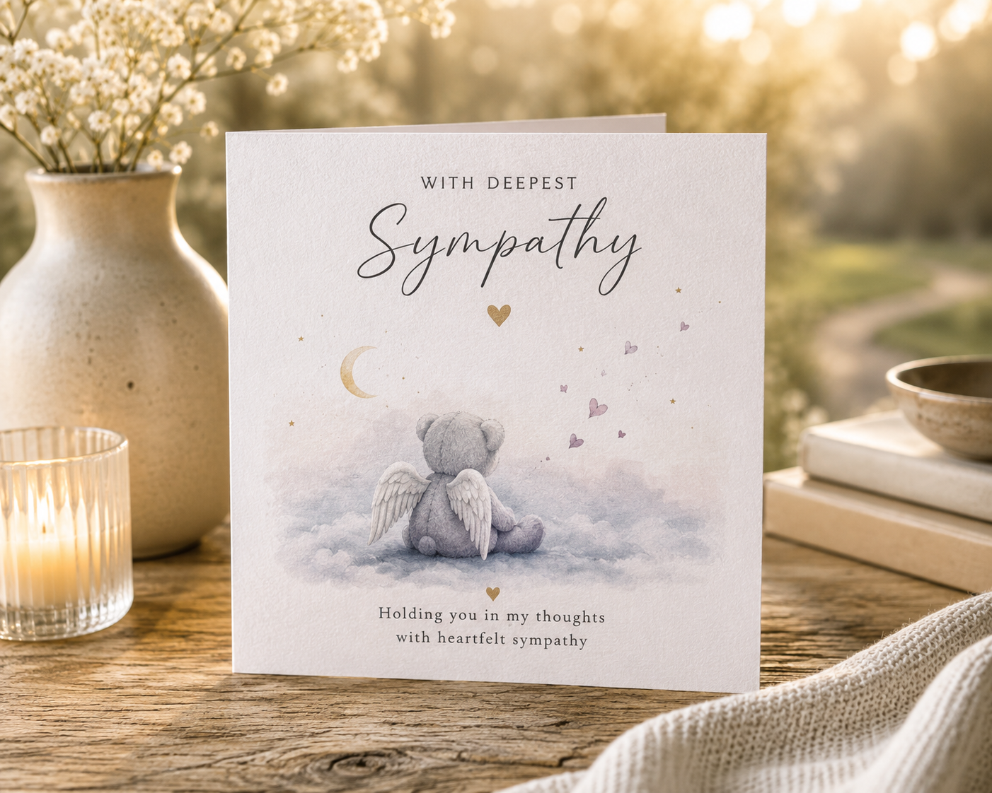 A sympathy greeting card featuring a watercolor illustration of a small angel teddy bear sitting on a cloud, with the words 'With Deepest Sympathy' and 'Holding you in my thoughts with heartfelt sympathy.' The card is styled on a wooden table with a lit candle, a vase of dried flowers, and a soft blanket in the foreground, set against a warm, blurred outdoor background.