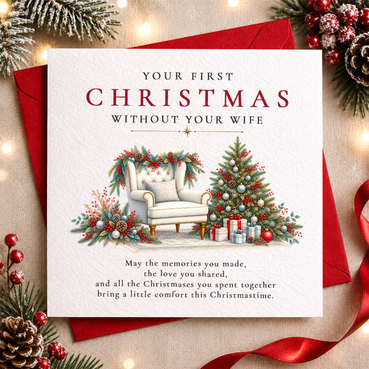A Christmas greeting card laid flat on top of a red envelope, surrounded by festive holiday props including pine branches, pinecones, red berries, and a red ribbon. The card reads, 'YOUR FIRST CHRISTMAS WITHOUT YOUR WIFE' with an illustration of a decorated armchair and Christmas tree, plus a short message below.