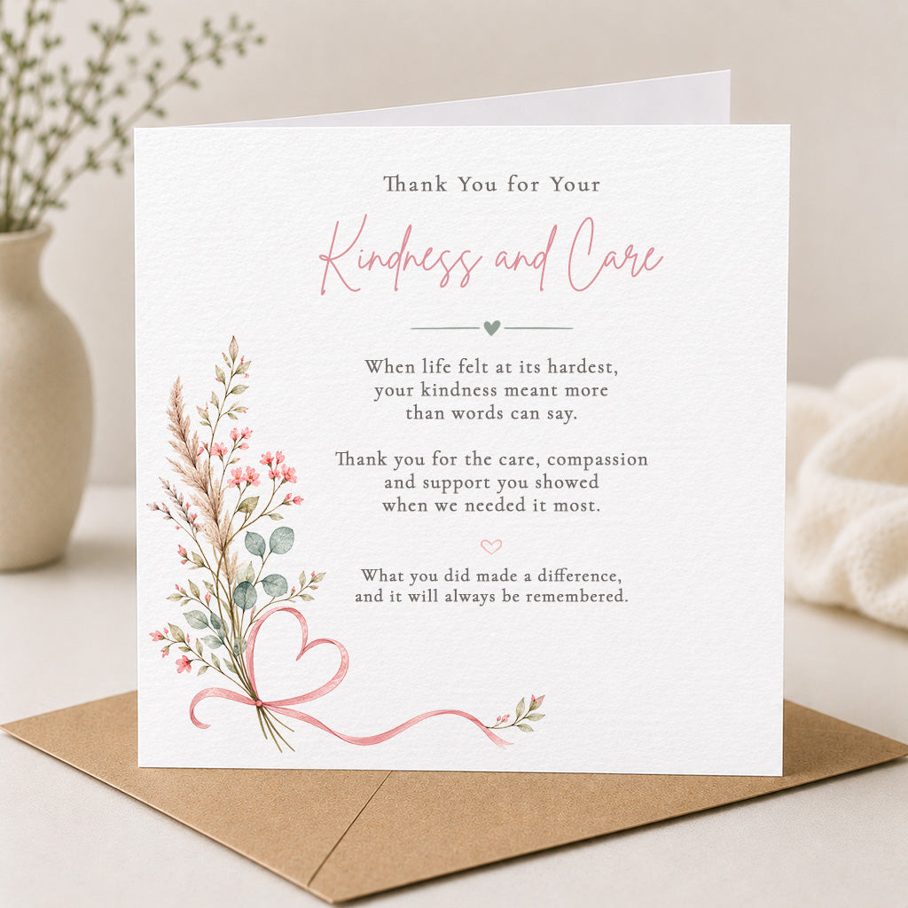 A square white thank-you card with elegant pink and black text reading 'Thank You for Your Kindness and Care,' styled on top of a brown kraft envelope with soft neutral decor in the background.