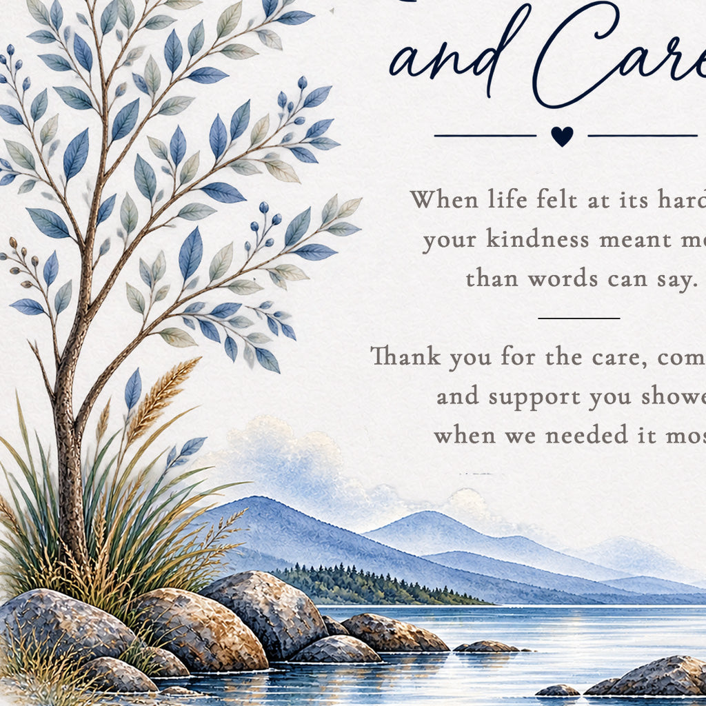 A square memorial card design featuring a watercolor landscape of a lake, rocks, distant mountains, and a leafy tree on the left. Elegant dark navy script text at the top is partially visible, along with a supportive message printed on the right side.