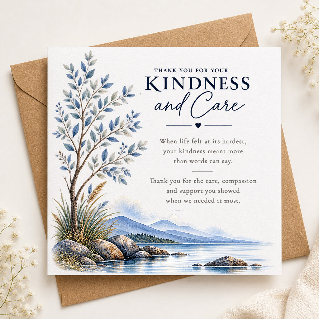 A square printed card with a kraft envelope, featuring the text 'THANK YOU FOR YOUR KINDNESS and CARE' and a watercolor-style illustration of a lake, rocks, and trees. The card is photographed on a light neutral surface with dried flowers around it.