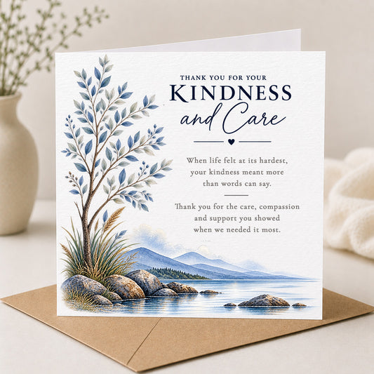 A square thank-you card with a kraft envelope, featuring a watercolor-style illustration of a lake, rocks, and trees in blue and gray tones, with the text 'Thank you for your Kindness and Care' and a short message of gratitude.