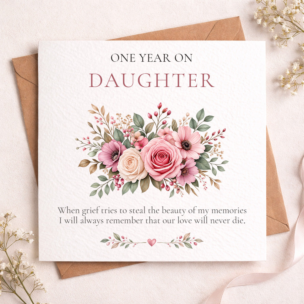 A floral 'One Year On Daughter' memorial greeting card displayed on top of a brown envelope, surrounded by dried baby's breath flowers on a light beige background.