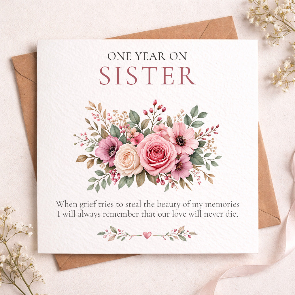 A square floral sympathy card reading 'ONE YEAR ON SISTER' with pink and peach flowers, green leaves, and a short memorial quote, styled on top of a brown envelope with dried flowers around it.
