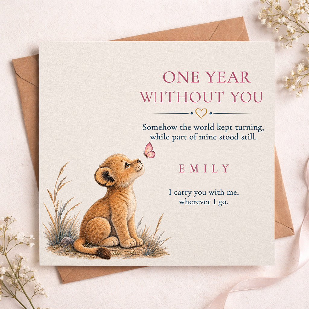 A square memorial card with a watercolor illustration of a young lion cub and a butterfly, placed on top of a brown envelope. The card reads 'ONE YEAR WITHOUT YOU' and 'BABY EMILY' with a short remembrance poem.