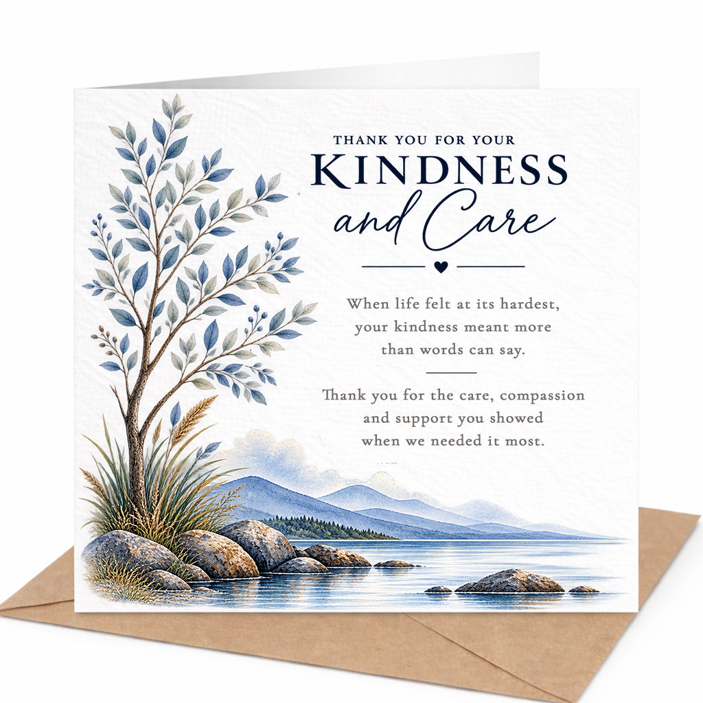 A square thank-you card with a watercolor-style illustration of a tree, rocks, and a lake, placed on top of a brown envelope against a white background. The card reads, 'THANK YOU FOR YOUR KINDNESS and Care' with a short message of gratitude below.