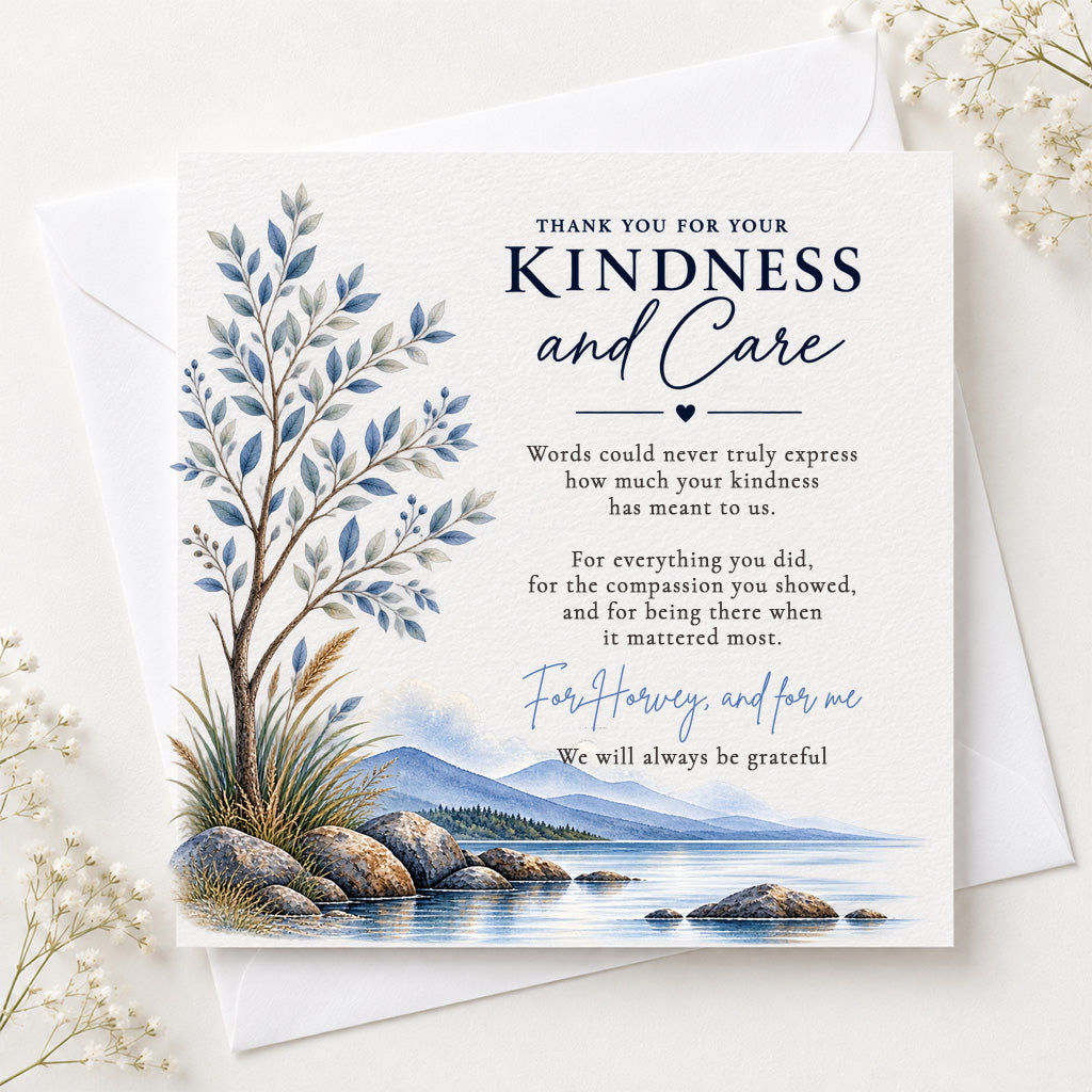 A square thank-you card with a watercolor landscape illustration of blue leaves, rocks, and calm water, placed on top of a white envelope. The card reads 'Thank you for your Kindness and Care' with a short quote and a handwritten-style signature.
