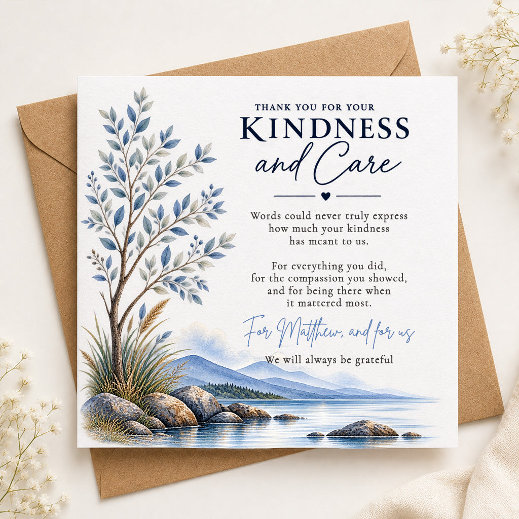 A square thank-you card with a kraft envelope, styled on a light beige surface with dried flowers. The card features a watercolor illustration of a lake, rocks, and a blue leafy tree, with the text 'THANK YOU FOR YOUR KINDNESS and Care'.