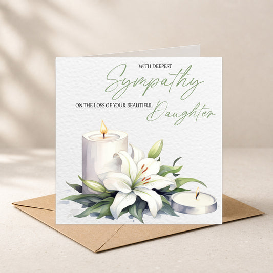 A sympathy card for a daughter, featuring watercolor illustrations of white lilies, a candle, and a tea light on a kraft envelope. The card reads 'WITH DEEPEST Sympathy ON THE LOSS OF YOUR BEAUTIFUL Daughter'.