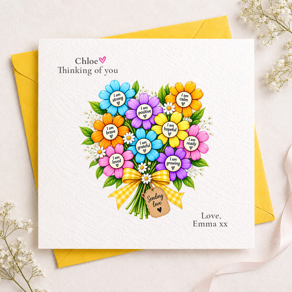 A square white greeting card with a colorful flower bouquet illustration and personalized text, placed on top of a yellow envelope with baby's breath flowers around it.