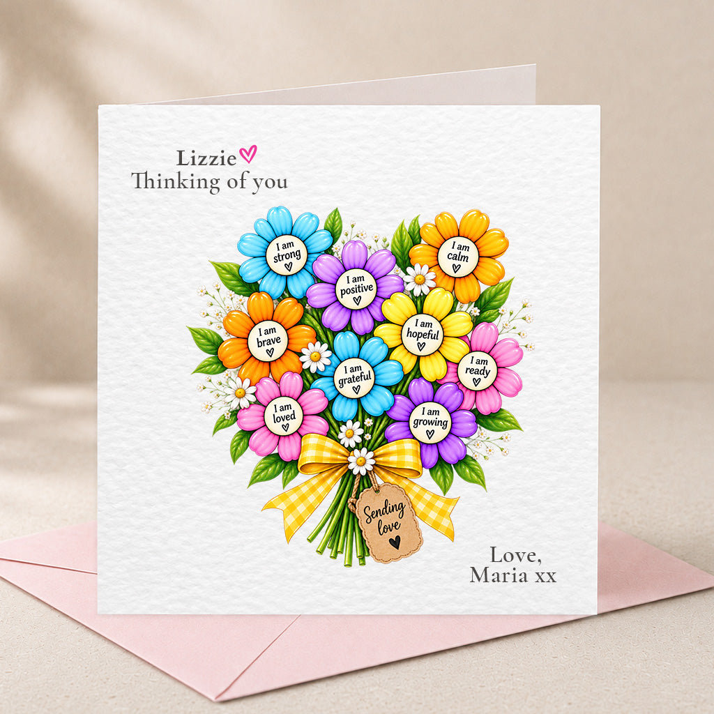A square white greeting card with a colorful flower bouquet illustration and personalized text reading 'Lizzie Thinking of you' and 'Love, Maria xx', shown with a pink envelope on a soft beige background.